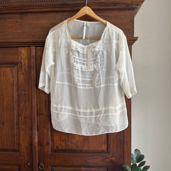 LC Lauren Conrad Tops - LC Lauren Conrad Sheer Embroidered Ruffle Blouse